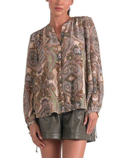 Elan Button Down Paisley Print Top
