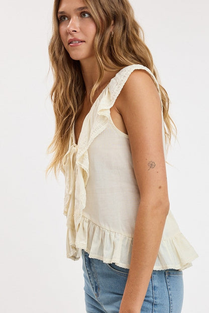 Cascading Ruffle Lace Cap Sleeve Top