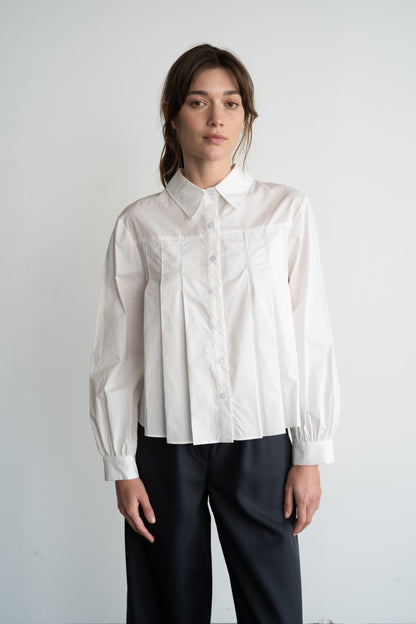 Pleated Poplin Button Down Shirt