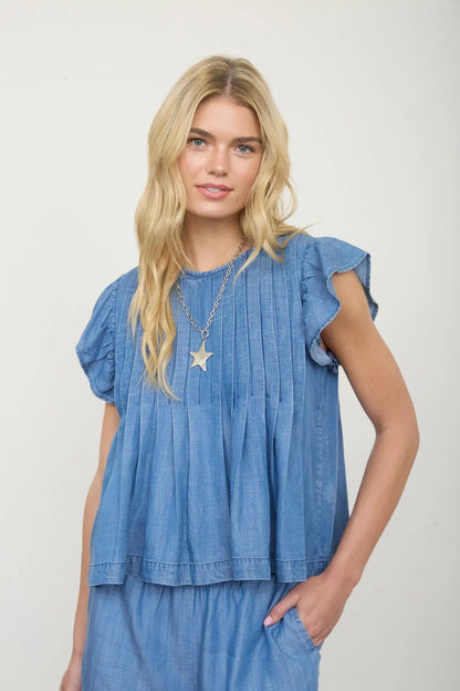 Moonbeam Pintuck Detail Ruffle Sleeve Blouse