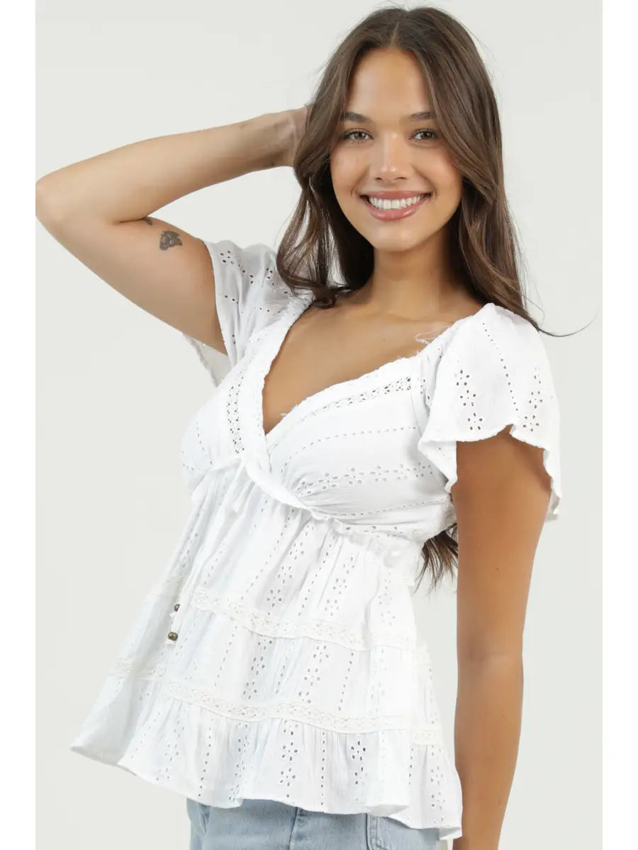 Flutter Sleeve Ruffle Detail Crochet Top