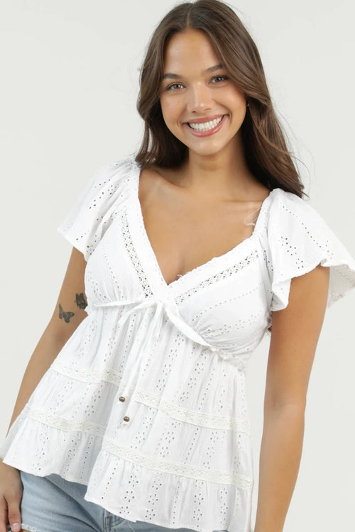 Flutter Sleeve Ruffle Detail Crochet Top