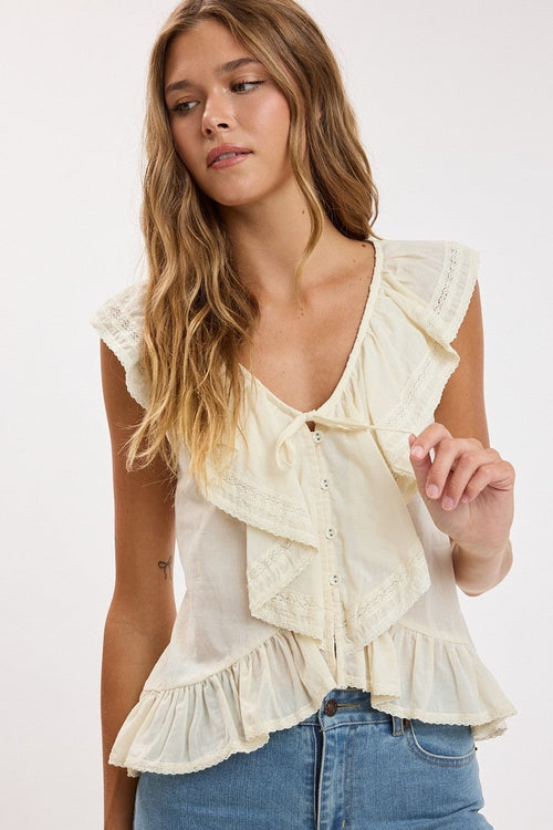 Cascading Ruffle Lace Cap Sleeve Top