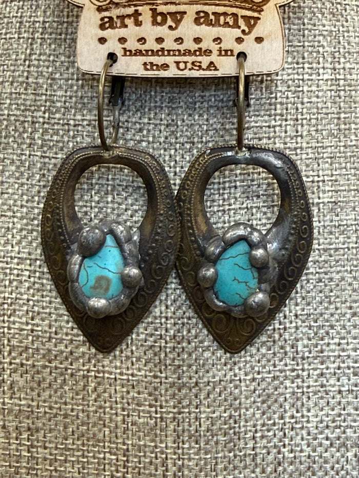 Art By Amy Brass Toned Metal & Turquoise Stone Dangle Earrings