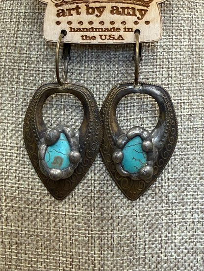 Art By Amy Brass Toned Metal & Turquoise Stone Dangle Earrings
