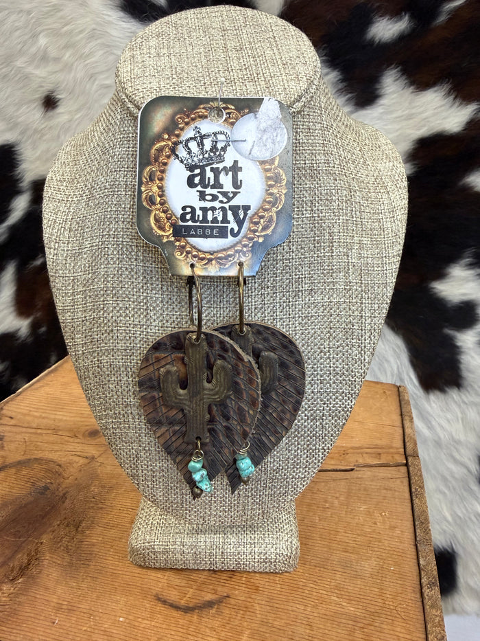 Art By Amy Leather Embossed Feather & Metal Accent Dangle Earrings