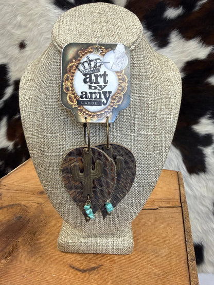 Art By Amy Leather Embossed Feather & Metal Accent Dangle Earrings