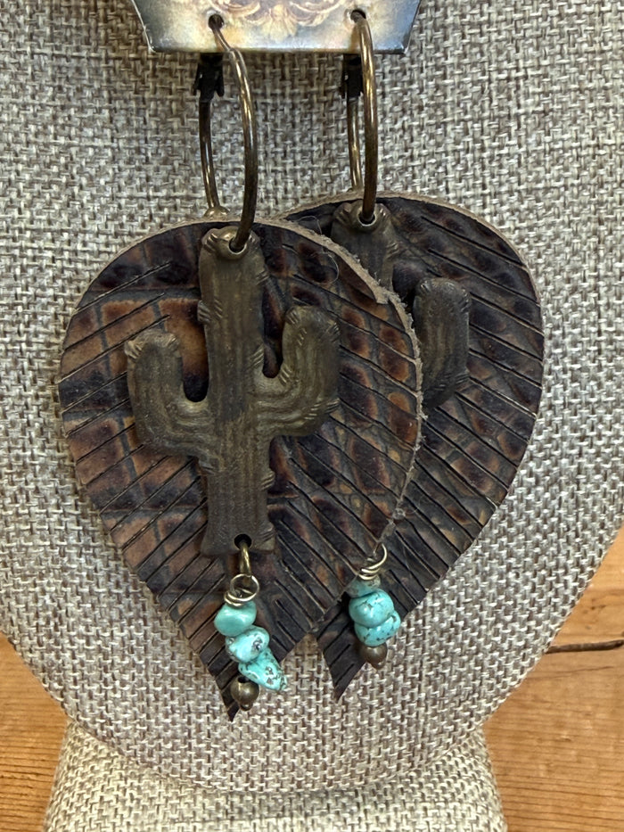 Art By Amy Leather Embossed Feather & Metal Accent Dangle Earrings