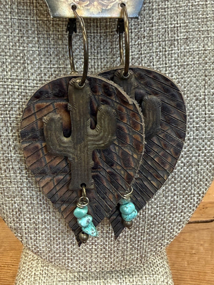 Art By Amy Leather Embossed Feather & Metal Accent Dangle Earrings