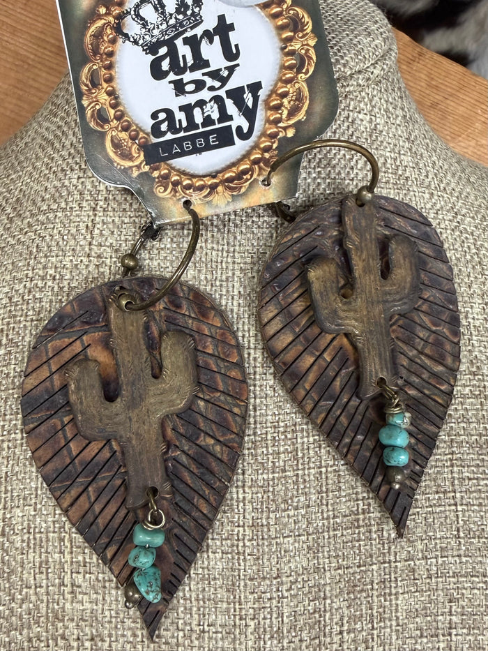 Art By Amy Leather Embossed Feather & Metal Accent Dangle Earrings