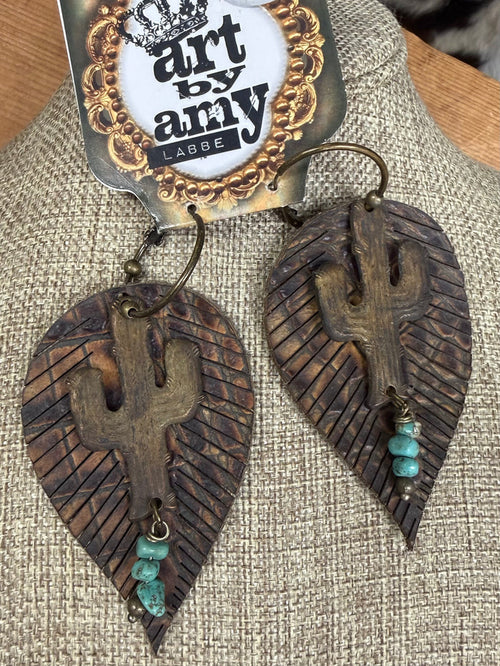 Art By Amy Leather Embossed Feather & Metal Accent Dangle Earrings