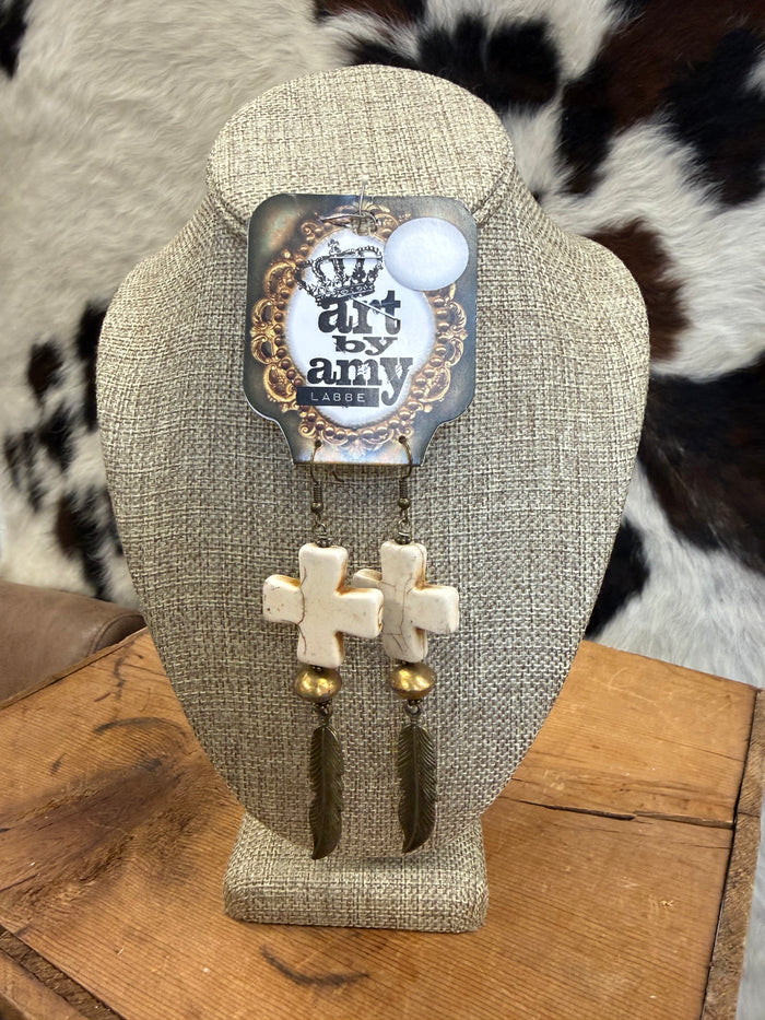 Art By Amy Brass-Toned Feather & Cross Stone Dangle Earrings
