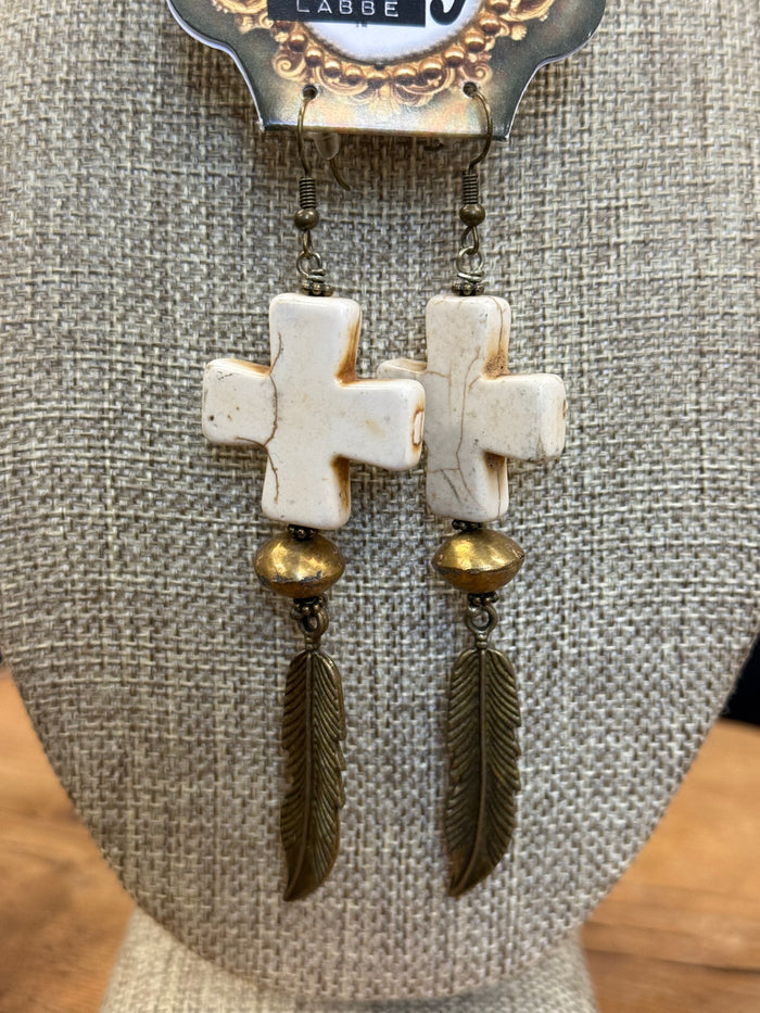 Art By Amy Brass-Toned Feather & Cross Stone Dangle Earrings