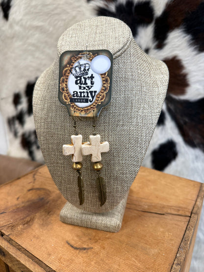 Art By Amy Brass-Toned Feather & Cross Stone Dangle Earrings