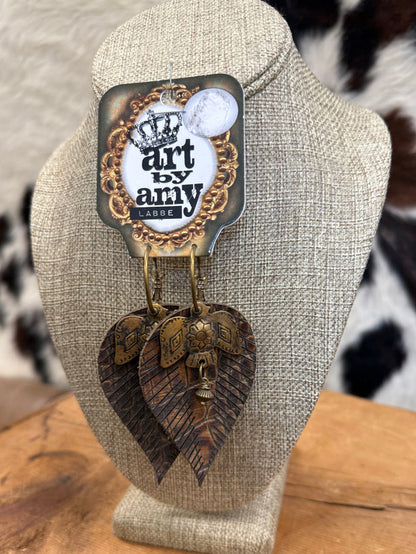 Art By Amy Leather Embossed Feather & Metal Accent Dangle Earrings