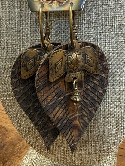 Art By Amy Leather Embossed Feather & Metal Accent Dangle Earrings