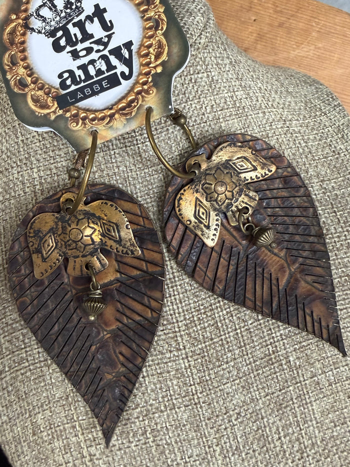 Art By Amy Leather Embossed Feather & Metal Accent Dangle Earrings