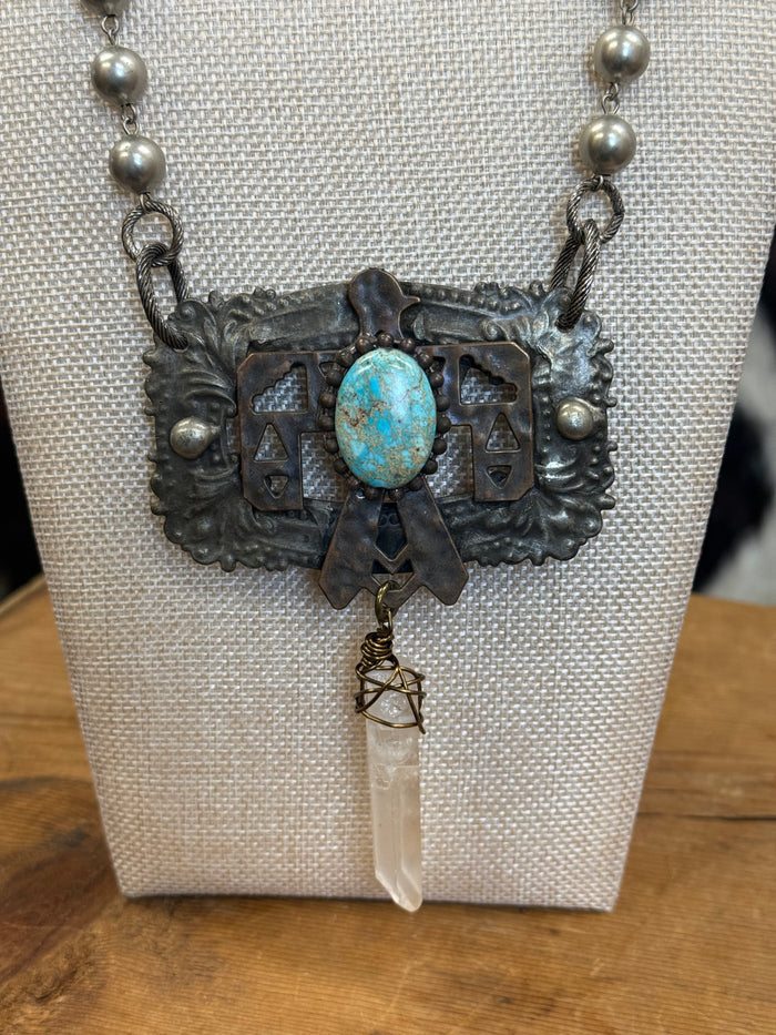 Art By Amy 26" Copper Thunderbird with Crystal Dangle Silver Beaded Necklace