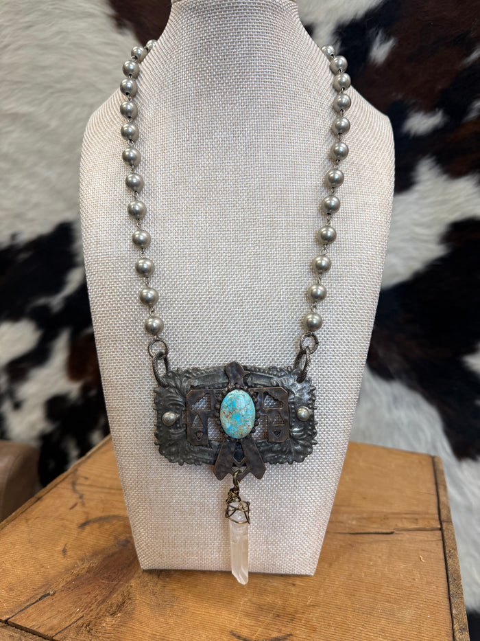 Art By Amy 26" Copper Thunderbird with Crystal Dangle Silver Beaded Necklace