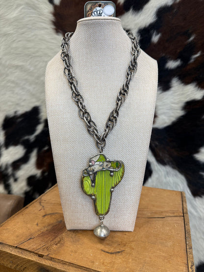 Art By Amy 21" Green Ceramic Cactus with Cowboy Hat Silver Cable Chain Link Necklace