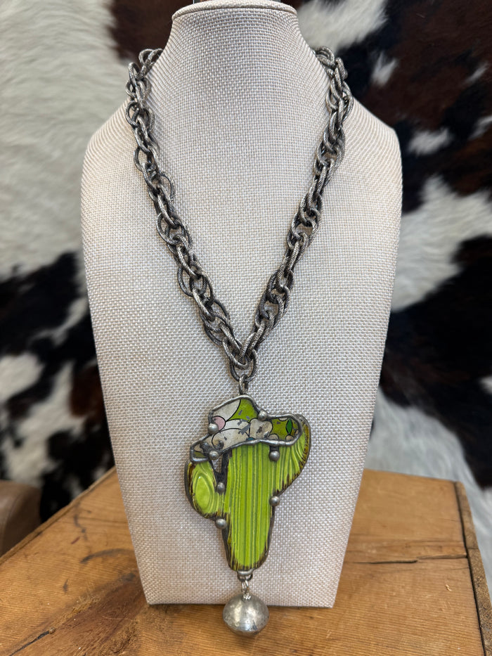 Art By Amy 21" Green Ceramic Cactus with Cowboy Hat Silver Cable Chain Link Necklace