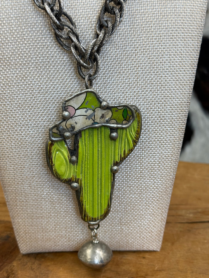 Art By Amy 21" Green Ceramic Cactus with Cowboy Hat Silver Cable Chain Link Necklace