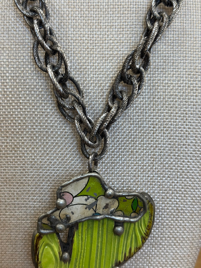 Art By Amy 21" Green Ceramic Cactus with Cowboy Hat Silver Cable Chain Link Necklace