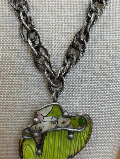 Art By Amy 21" Green Ceramic Cactus with Cowboy Hat Silver Cable Chain Link Necklace