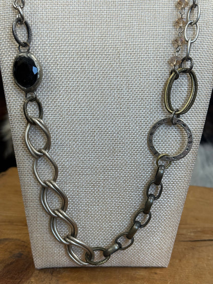 Art By Amy 32" Black Stone with Multiple Chain Accent Brass & Silver Necklace
