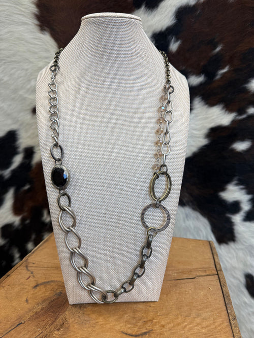 Art By Amy 32" Black Stone with Multiple Chain Accent Brass & Silver Necklace