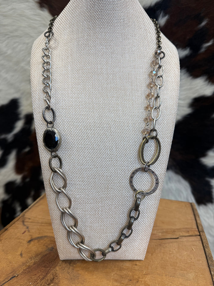 Art By Amy 32" Black Stone with Multiple Chain Accent Brass & Silver Necklace