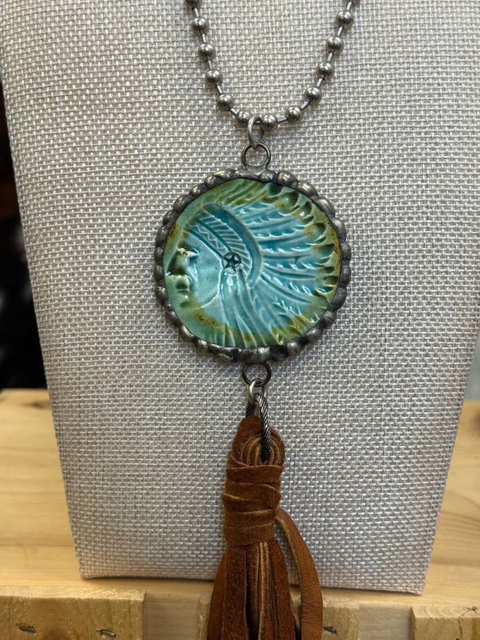Art By Amy 21" Ceramic Native Chief Silver Ball Chain & Leather Tassel Necklace