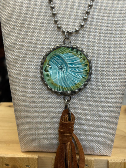 Art By Amy 21" Ceramic Native Chief Silver Ball Chain & Leather Tassel Necklace