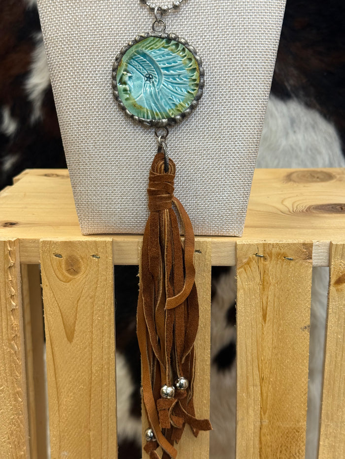 Art By Amy 21" Ceramic Native Chief Silver Ball Chain & Leather Tassel Necklace