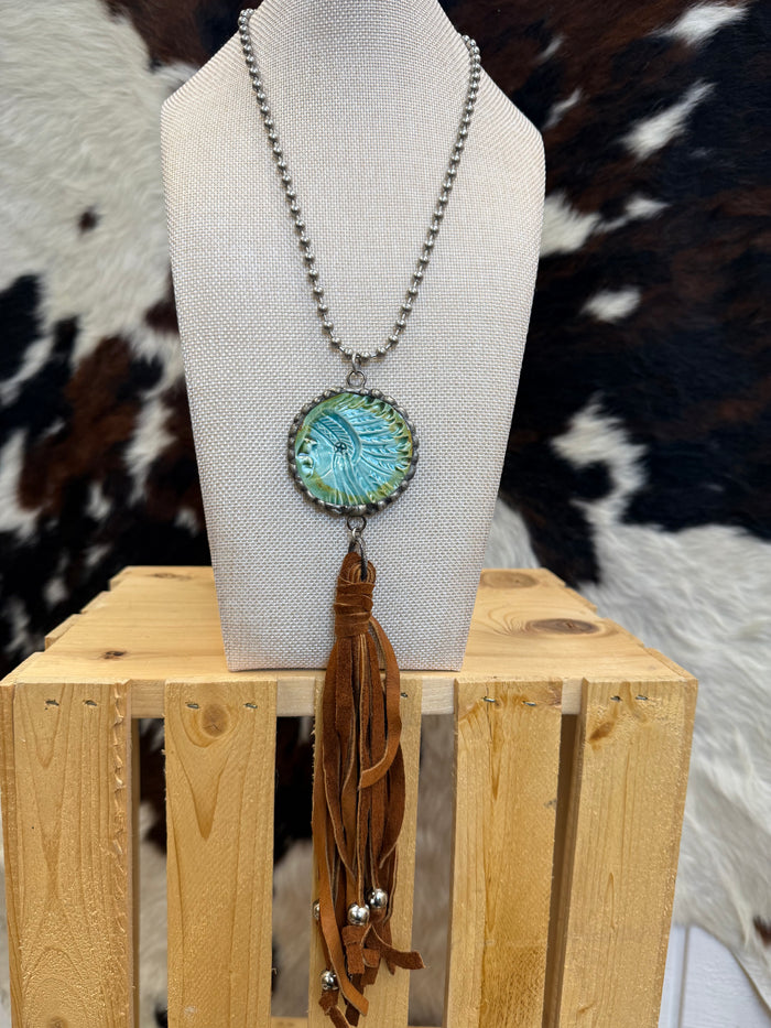 Art By Amy 21" Ceramic Native Chief Silver Ball Chain & Leather Tassel Necklace