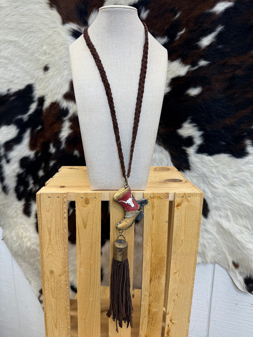 Art By Amy 40" Cowboy Boot Braided Leather Tassel Necklace