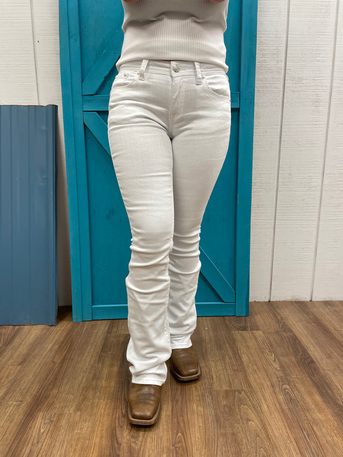 Grace in LA Easy Fit White Fleur-De-Lis Pocket Design Bootcut Jeans EB61832-Painted Cowgirl Western Store