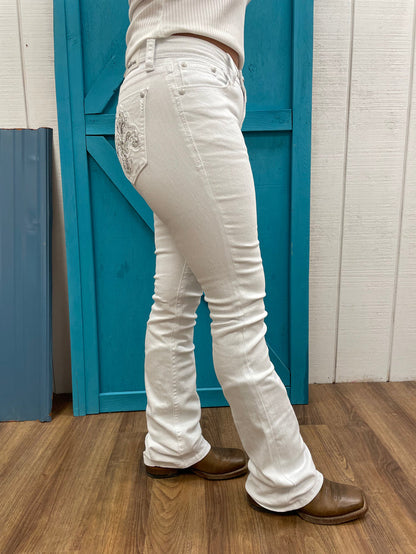 Grace in LA Easy Fit White Fleur-De-Lis Pocket Design Bootcut Jeans EB61832-Painted Cowgirl Western Store