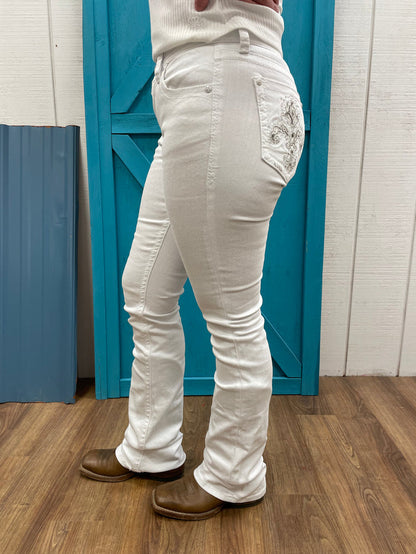 Grace in LA Easy Fit White Fleur-De-Lis Pocket Design Bootcut Jeans EB61832-Painted Cowgirl Western Store