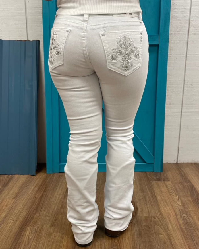 Grace in LA Easy Fit White Fleur-De-Lis Pocket Design Bootcut Jeans EB61832-Painted Cowgirl Western Store