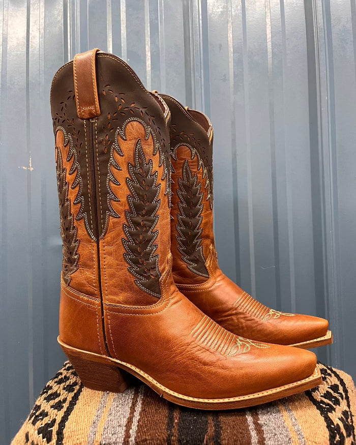 Laredo Women's Honey & Brown Farah Laser Cut Snip Toe Western Cowgirl Boots 52213-Painted Cowgirl Western Store