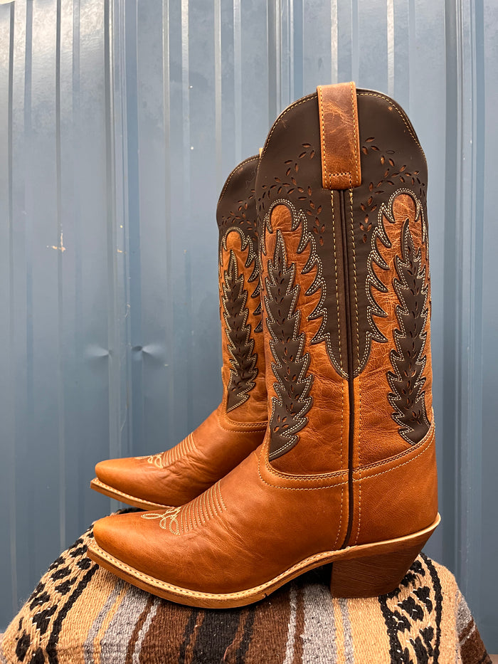Laredo Women's Honey & Brown Farah Laser Cut Snip Toe Western Cowgirl Boots 52213-Painted Cowgirl Western Store