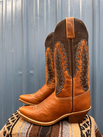 Laredo Women's Honey & Brown Farah Laser Cut Snip Toe Western Cowgirl Boots 52213-Painted Cowgirl Western Store