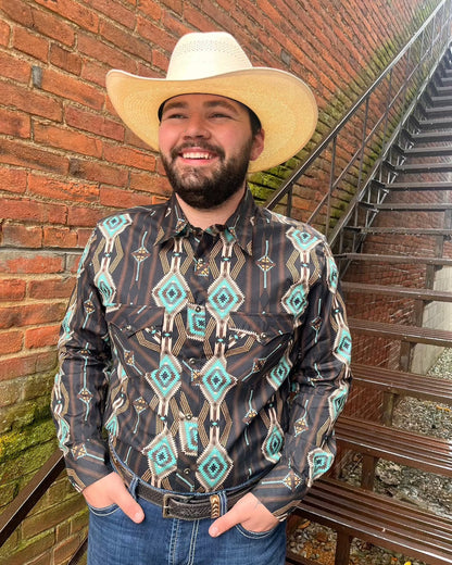 Rock & Roll Cowboy Men's Black & Turquoise Modern Fit Long Sleeve Western Shirt BMN2S03938-Painted Cowgirl Western Store