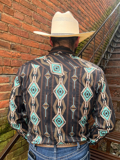 Rock & Roll Cowboy Men's Black & Turquoise Modern Fit Long Sleeve Western Shirt BMN2S03938-Painted Cowgirl Western Store