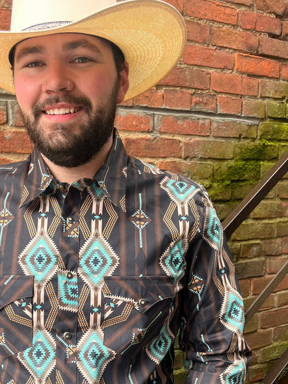 Rock & Roll Cowboy Men's Black & Turquoise Modern Fit Long Sleeve Western Shirt BMN2S03938-Painted Cowgirl Western Store