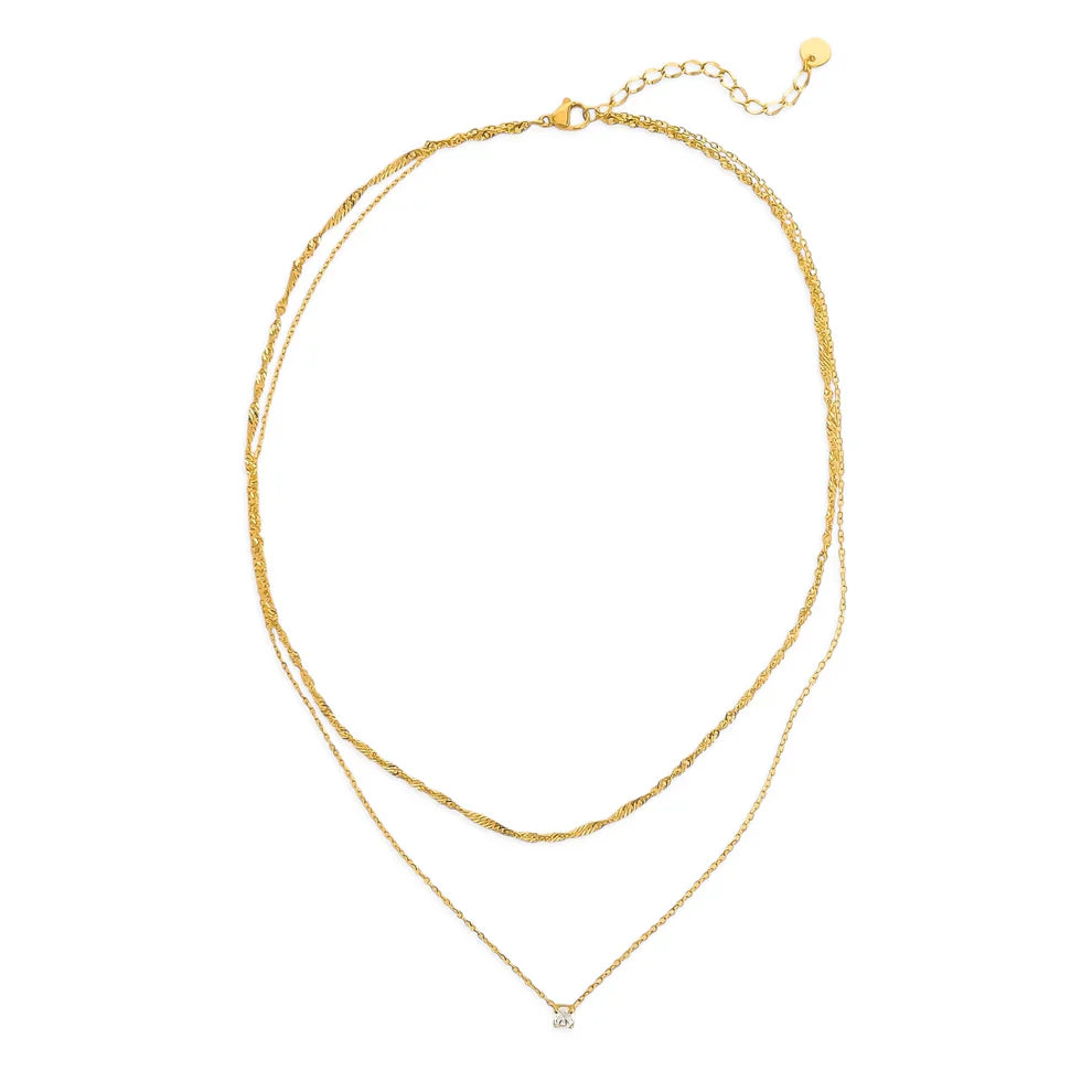 Multi-Layered Chain Necklace w/ Crystal Pendant