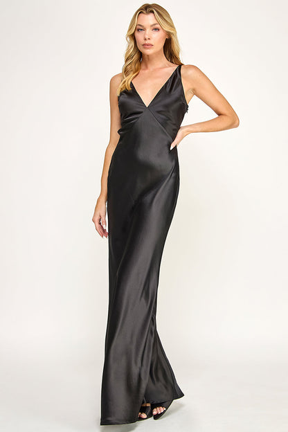 Satin V-Neck Solid Maxi Dress