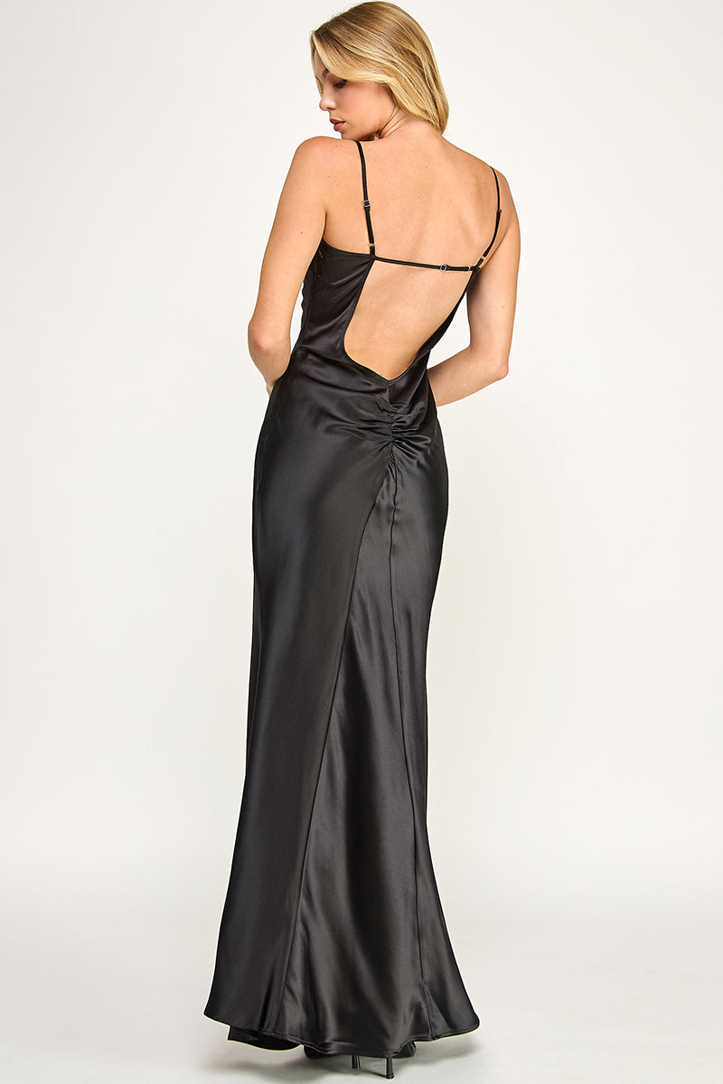 Satin V-Neck Solid Maxi Dress