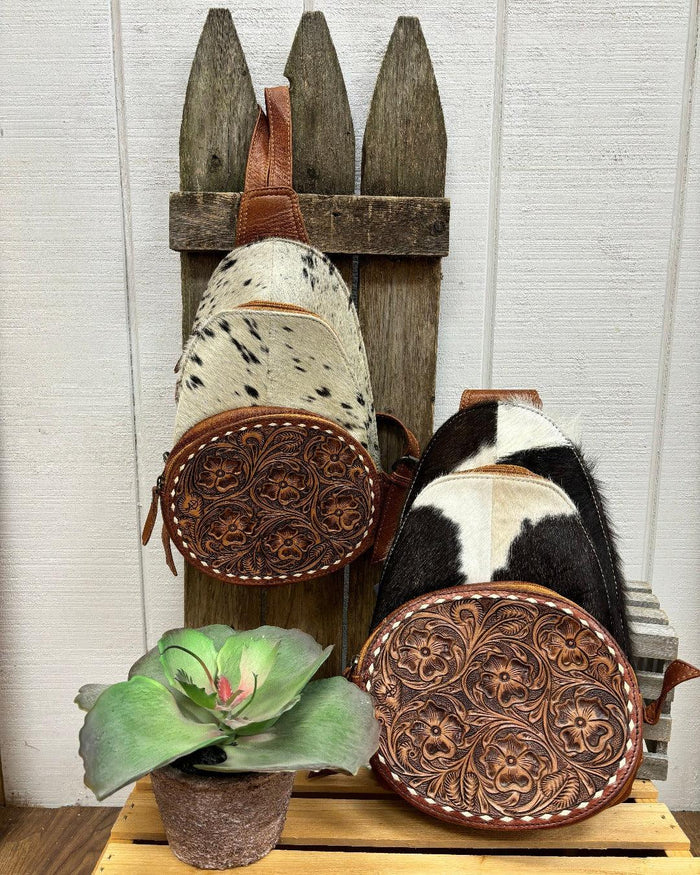 American Darling Genuine Tooled Leather Cowhide Hair-On Conceal Carry Sling Backpack ADBG1521-Painted Cowgirl Western Store